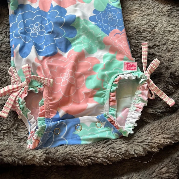 Ruffle Butts Floral Kids Swim One Piece - Pink, Blue, Green - Picture 3 of 4